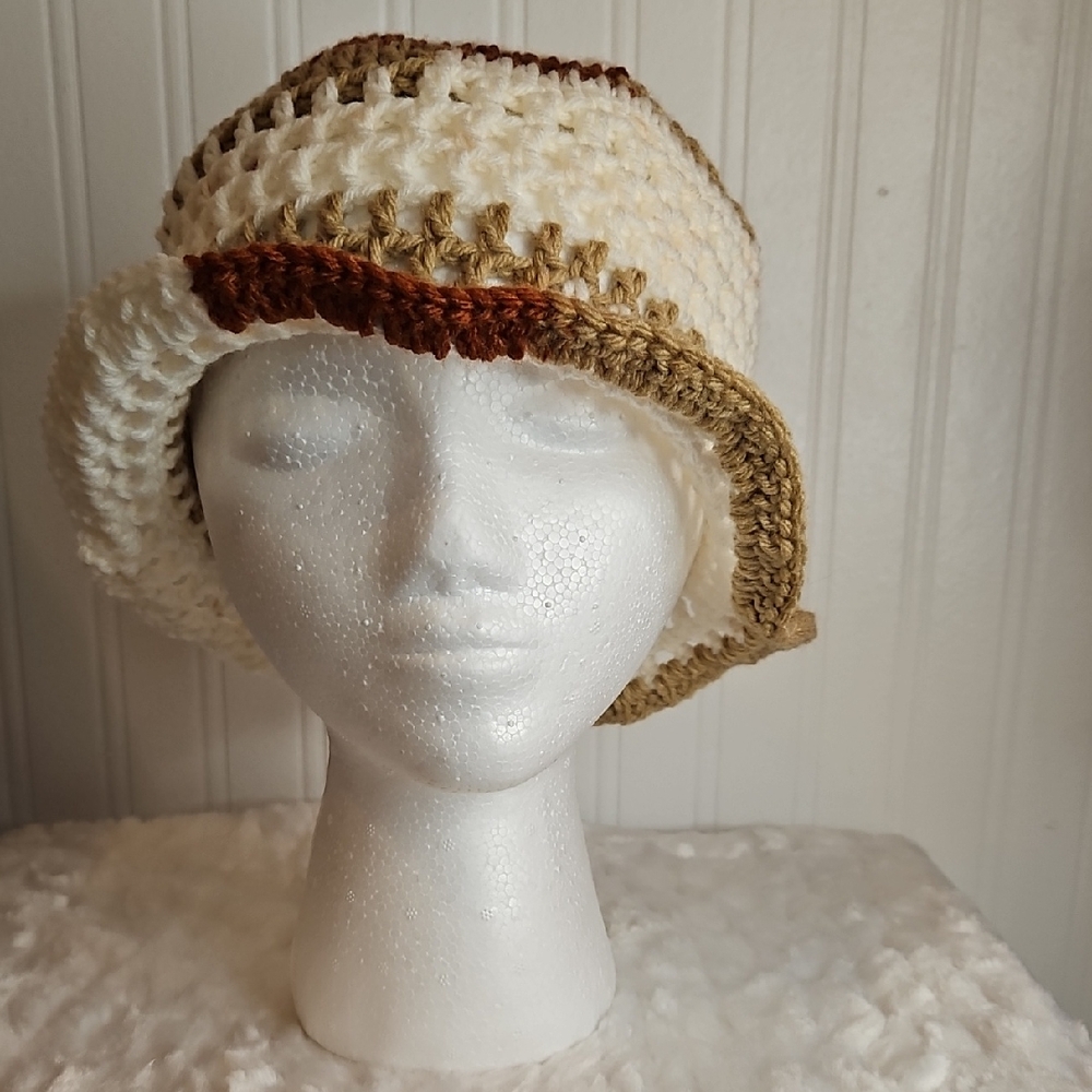 New Handmade Crochet Bucket Mesh Hat - Cream, Brown, Tan